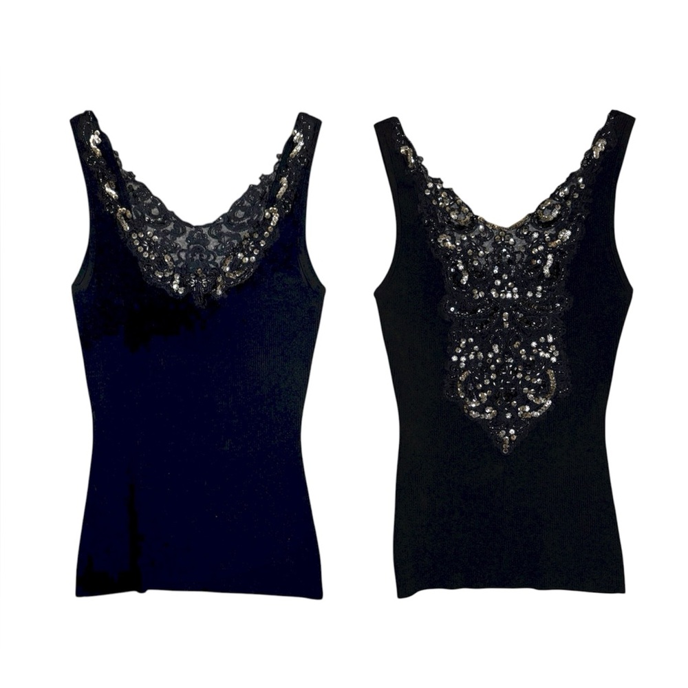 Vintage Y2K Cache Ribbed Knit Tank Black Sequin Lace Whimsygoth Fairy Grunge M